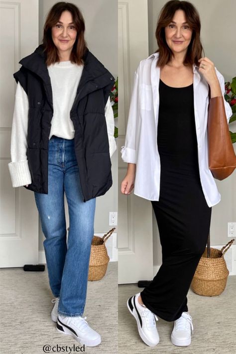 Cute and casual winter outfits or early spring outfits. These trendy fashion women's spring outfit ideas are laidback and casual comfy outfit ideas for 2023. Outfit For Cold Weather, Spring Women Outfits, Casual Comfy Outfit, Comfy Outfit Ideas, Spring Outfit Ideas, Comfy Outfit, Black And White Sneakers, Early Spring Outfits, Spring Outfits Women