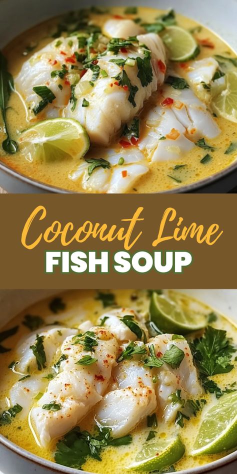 🥥🌴 Dive into the flavors of this creamy coconut lime fish soup! Bursting with Thai-inspired spices, zesty lime, and tender fish, it’s a comforting yet light meal that’s ready in minutes. #CoconutLimeSoup #SeafoodRecipes #HealthyDinnerIdeas 🐟🍋 Coconut Lime Fish Soup, Fish Soup Recipe, Sup Ikan, Crispy Snacks, Coconut Fish, Air Fryer Food, Fish Soup, Fish Recipes Healthy, Comfort Dishes