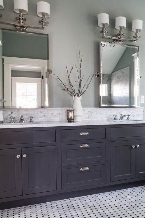 35 + Dark Bathroom Cabinets With White Countertops | Countertopsnews Dark Bathroom Cabinets, Dark Cabinets Bathroom, Bathroom Countertop Design, Black Bathroom Cabinets, Cobblestone House, Bathroom Colours, Mom Bathroom, Black Cabinetry, Black Cabinets Bathroom