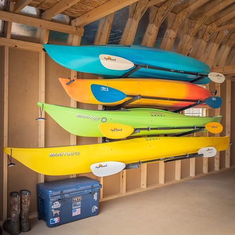 Diy Kayak Storage Rack, House Amenities, Diy Kayak Storage, Kayak Hoist, Kayak Storage Garage, Boat Organization, Fishing Gear Storage, Lake Toys, Kayak Storage Rack