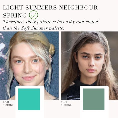 Light Summer VS Soft Summer as requested by you 🤍 . #coloranalysis #colouranalysis #softsummer #lightsummmer #coloranalyst #hunterschafer #taylorhill Summer Colour Analysis, Summer Undertone, Light Summer Clothes, Light Summer Color Palette, Soft Summer Palette, Soft Summer Color Palette, Color Seasons, Old Celebrities, Soft Summer Colors