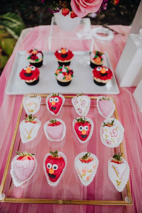 Elmo Garden Party, Girly Elmo Birthday Party, Elmo First Birthday, Birthday Party Girl, Elmo Birthday Party, Sesame Street Birthday Party, Elmo Party, Elmo Birthday