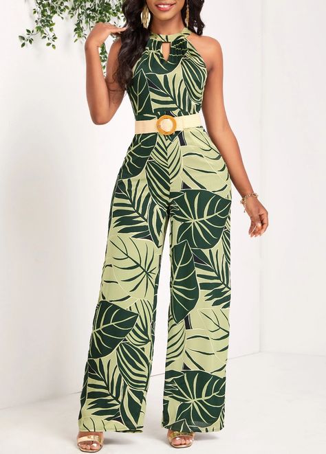 ROTITA Cut Out Leaf Print Green Long Round Neck Jumpsuit | Rotita.com - USD $35.98 Styles For Jumpsuit, Jump Suites, Classy Jumpsuit Outfits, Classy Jumpsuit, Stylish Jumpsuit, Jumpsuit Outfit, Type Of Pants, Green Lace, Sleeveless Jumpsuits