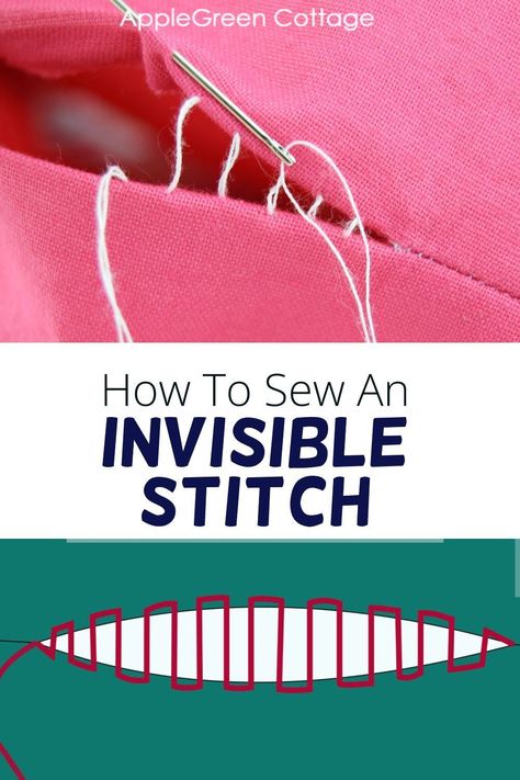 See how to do an invisible stitch by hand, using the so-called ladder stitch, slip stitch, or even blind stitch. Easy and quick - this is one of the most useful hand sewing stitches. You might also find invisible stitch under names such as ladder stitch technique, slip stitch sewing, or even blind stitch seam. No matter how you call it, it's an excellent way to hide your stitches even when sewing on the outside of an item, like a pillow, a piece of clothing, or plushie toys. Sewing Stitches By Hand, Hand Stitching Techniques, Invisible Stitch, Stitch Sewing, Sewing Projects Free, Sewing Alterations, Sewing 101, Blind Stitch, Sewing Tutorials Clothes