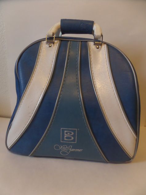 Vintage Blue and white Brunswick Wind Jammer by SomethingGeeshy Brunswick Bowling, Bowling Ball Bag, Bowling Ball Bags, Retro Bowling, Bowling Bag, Bowling Bags, Bowling Ball, Blue Vinyl, Metal Ball