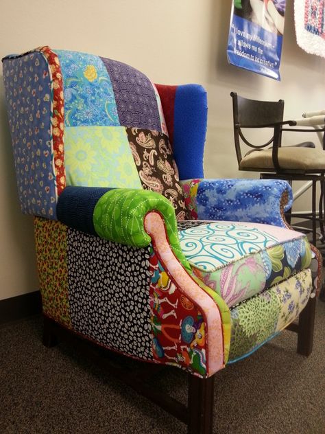 patchwork upholstery Patchwork Armchair, Patchwork Upholstery, Patchwork Furniture, Patchwork Chair, Whimsical Furniture, Reupholster Furniture, Upholstery Diy, Quilting Studio, Colorful Chairs