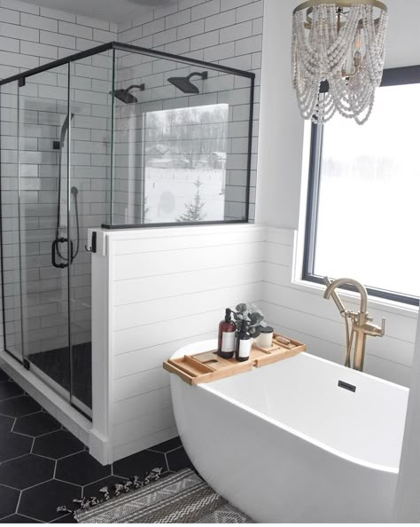 Shiplap Tub Surround, Enclosed Shower Ideas, Glass Half Wall, White Subway Tile Shower, Half Wall Shower, Subway Tile Showers, Full Bathroom Remodel, Half Walls, Glass Shower Enclosures