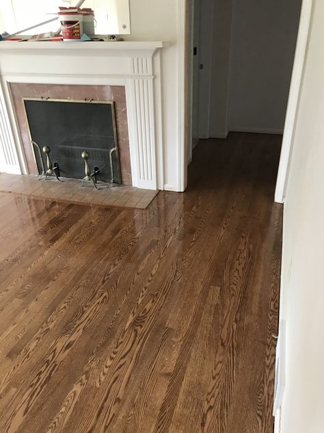 Nutmeg stain on red oak #durasealnutmeg #flatfloors #redoak Duraseal Nutmeg On Red Oak, Duraseal Jacobean On Red Oak, Refinish Red Oak Hardwood Floors, Red Oak Hardwood Floors Stains Natural, Duraseal On Red Oak Floors, Duraseal Dark Walnut On Red Oak, Hardwood Colors, Stain On Red Oak, Duraseal Stain