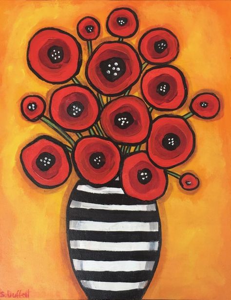 Striped Vase, Original Paintings For Sale, Soyut Sanat Tabloları, Diy Vase, Diy Canvas Art, Red Poppies, Whimsical Art, Paintings For Sale, 그림 그리기