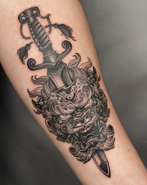 Foo Dog Dragon Tattoo, Calve Tattoo Men Ideas, Dragon On Calf Tattoo, Dragon Calf Tattoo Men, Foo Dog Forearm Tattoo, Tattoo Men Ideas Inspiration, Japanese Dagger Tattoo, Asian Forearm Tattoo, Tattoo Calf Men