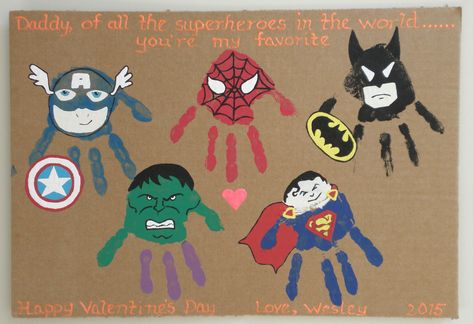 Super Heroes Valentine's Day Card Hand Prints Hand Print Birthday Cards, Super Hero Handprint Art, Superhero Handprint Art, Super Hero Valentines, Diy Father's Day Cards, Superhero Ideas, Diy Superhero, Hero Crafts, Diy Father's Day Crafts