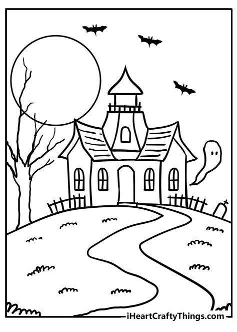 Haunted House Coloring Pages Haunted Mansion Drawing Easy, Haunting House Drawing, Spooky Season Drawing Ideas, Hunted House Drawings Easy, Minimal Coloring Pages, Halloween Drawings House, Haunted House Sketch Easy, Haunted House Ideas Drawing, Spooky House Drawing Easy