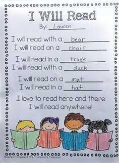 Free "I Will Read" Poem Template  Your students will love being able to be a little silly with this fun poem template about reading everywhere! Fill in the blanks with pairs of rhyming words to create your very own poem. This is a great activity to go along with a Dr. Seuss unit or for Read Across America week.  Visit my blog for the free download!  Dr. Seuss activities Mrs. Thompson's Treasures Poetry Read Across America reading Read Across America Ideas For School, Free Poems, Dr Seuss Classroom, Poem Template, Dr Seuss Activities, Dr Seuss Crafts, Seuss Classroom, Read Across America Day, Seuss Crafts