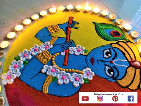 #easyrangoliforu Krishna Rangoli For Diwali, રંગોળી દિવાળી, Dev Diwali Rangoli, Krishna Janamastmi, Face Rangoli, Krishna Face, Krishna Rangoli, Rangoli Idea, Rangoli Photos