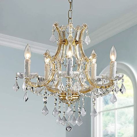 Saint Mossi 4 Light Crystal Maria Theresa Gold Chandelier Light Fixture,Modern Chandelier Crystal Chandelier for Bedroom,Dining Room,Living Room,H17" x W18",Adjustable Chain - - Amazon.com Modern Chandelier Bedroom, Crystal Chandelier Bedroom, Mid Century Modern Light Fixtures, Crystal Chandelier Dining Room, Chandelier For Bedroom, Dining Room Light Fixture, Crystal Light Fixture, Modern Lighting Chandeliers, Crystal Wall Lighting