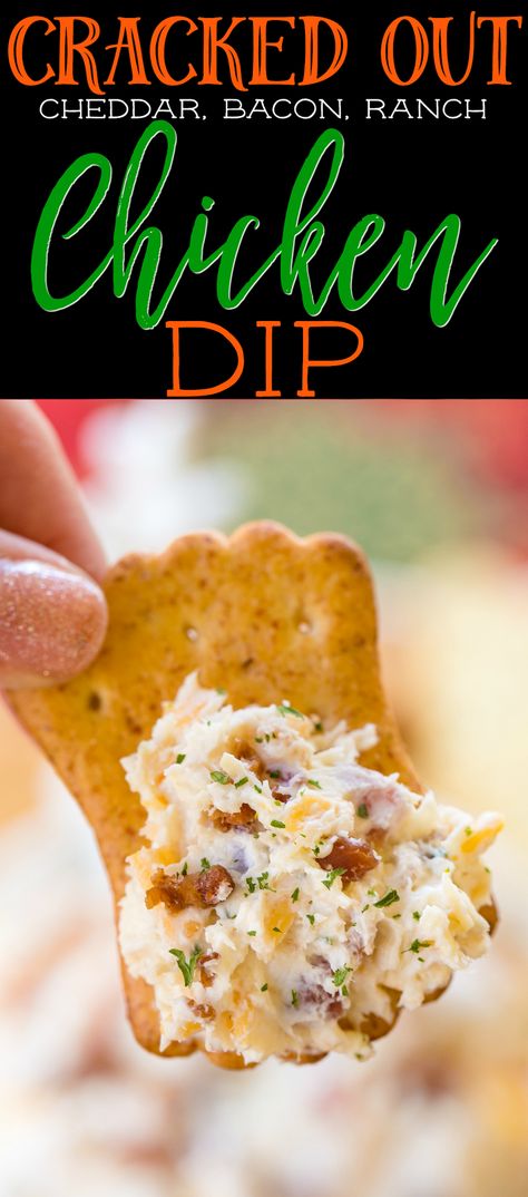 Cracked Out Chicken Dip - this stuff is SO addicting! CRAZY good!! Chicken, cream cheese, ranch mix, bacon, cheddar cheese and milk. This makes a ton! Great for parties! Can make ahead and refrigerate until ready to serve. Everyone LOVES this dip! Cracked Out Chicken, Finger Appetizers, Food Dips, Chicken Cream Cheese, Cracked Out, Ranch Mix, Make Ahead Appetizers, Chicken Dip, Food Party