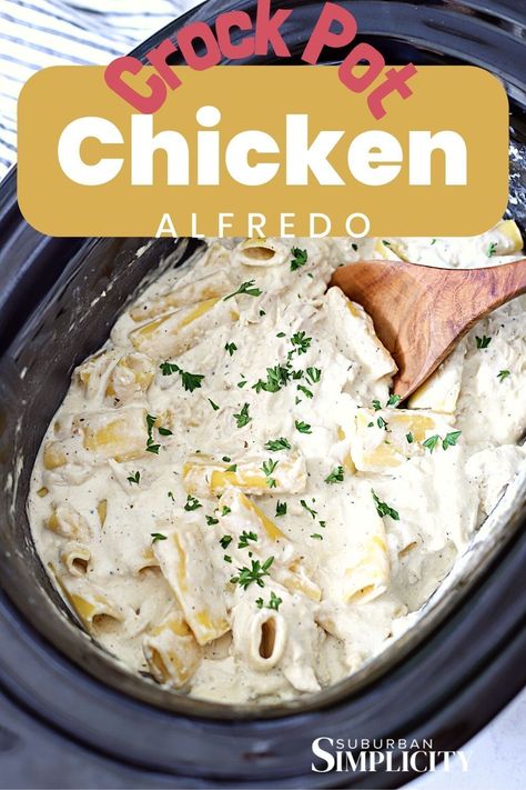 Crockpot Chicken Alfredo recipe is an easy and delicious meal with tender chicken, pasta, and extra creamy white sauce you can make at home. It's a family-favorite!! It's like a casserole in a slow cooker! Crockpot Alfredo Sauce, Alfredo For Two, Crock Pot Chicken Alfredo, Frozen Chicken Crockpot, Crock Pot Buffalo Chicken, Crockpot Chicken Alfredo, Chicken Breast Crockpot Recipes, Crockpot Pasta, Crockpot Chicken Breast