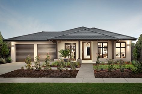 House illustrating many of Googong's design guidelines. Garage doors back from main line of the house, entrance area under a wide 'useable' verandah, 'vertically proportioned' windows, articulated facade, hipped roof with 450mm wide eaves. House With Big Garage, Small House Big Garage, Garage Small, Hipped Roof, Big Garage, Wisteria Lane, Modern Small House Design, Modern Style House Plans, Garden Terrace