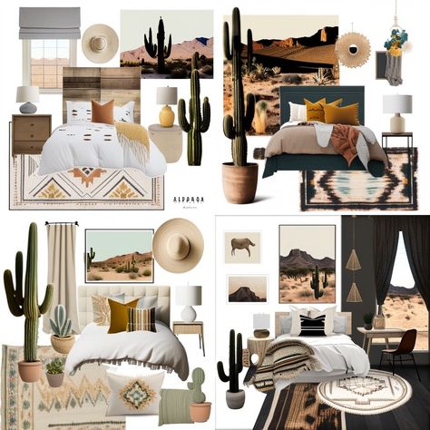 Desert Office Theme, Desert Airbnb Decor, Western Themed Airbnb, Boho Desert Bedroom, Arizona Desert Aesthetic Decor, Desert Modern Bedroom, Desert Inspired Bedroom, Desert Boho Bedroom Wallpaper, Southwestern Style Bedroom