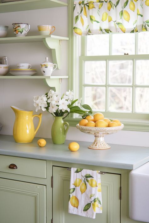 kitchen decor lemon Lemon Theme Kitchen Ideas, Lemon Decorated Kitchen, Citrus Theme Kitchen, Lemons Kitchen Decor Ideas, Lemon Theme Decor, Lemon And Blue Kitchen, Lemon House Decor, Yellow And Green Kitchen Decor, Yellow Themed Kitchen