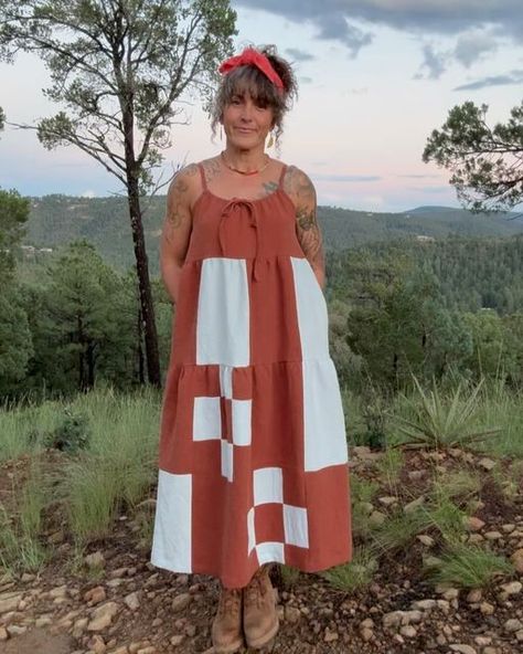 Alisha Edmiston on Instagram: "Skyline Dress at Sunset 🌅🩵🤎👗

This was my first weekend sew after attending Flock, and I am so so tickled with how it came out. Many thanks to @hisydgraham for the YouTube tutorial on hacking her pattern to move the bow from the back to the front, and for her tips on doing a patchwork version. ✨ 

I knew after making my first Skyline it wouldn’t be my last. I wanted to put these two linens together to create a one of a kind dress— brown for the Earth and blue for Water. 🌍 💦 

I have other patchwork ideas brewing. I love the push it gives me creatively and double awesome that it uses up scraps thus producing less waste (or stuff just laying around my house). 🤎🩵

Happy Monday!! I have more sewing projects on tap, along with fun knitting plans this week… Patchwork Ideas, Be My Last, Dress Tutorial, Push It, Dress Tutorials, Patchwork Dress, Youtube Tutorials, My Last, Happy Monday