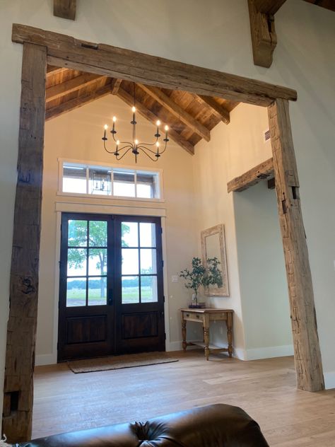 Foyer Vaulted Ceiling, Ranch Style Entryway Ideas, Cathedral Ceiling Entryway, Modern Rustic Farmhouse Interior, Foyer Beams Entryway, Barndo Entryway, Barndominium Foyer, Barn Beams In House, Barndominium Entryway Ideas