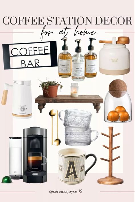 Be gone bar carts, hello coffee bars! If you're looking for a few new decorative pieces for your coffee station at home check out these adorable items that will fit perfectly on your countertop! I included a Nespresso machine for lattes! Click this pin in order to shop the coffee station. home coffee bar, coffee station ideas, coffee station decor, coffee bar decor, coffee bar must haves, kitchen countertop decor, small coffee bar, cozy cafe at home, coffee bar small spaces, diy coffee station Coffee Station Ideas Countertop Corner, Black Coffee Bar, Coffee Station Ideas Countertop, Coffee Station At Home, Coffee Station Decor, Diy Coffee Station, Coffee Station Kitchen, Kitchen Countertop Decor, Coffee Bar Station