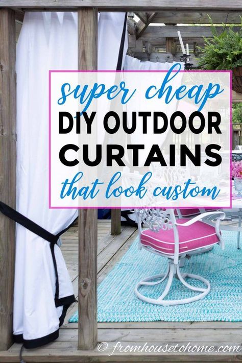 This tutorial for making super cheap DIY outdoor curtains is awesome! You would never guess they cost less than $10 each to make, and they look great hanging from the gazebo in my backyard. #fromhousetohome #diyproject #curtains #outdoordecor  #gardenpaths Diy Outdoor Curtains, Outdoor Curtain Rods, Gazebo Curtains, Cheap Patio Furniture, Cloth Curtains, Deck Makeover, Outdoor Curtains For Patio, Porch Curtains, Outdoor Patio Diy