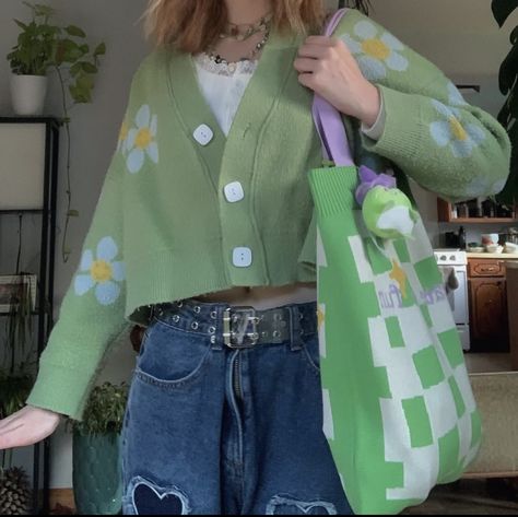 Green flower cardigan sweater with jeans outfit Flower Sweater Outfit, Sweater With Jeans Outfit, Green Cardigan Outfit, Cardigan Outfit Aesthetic, Sweater With Jeans, Flower Cardigan, Cardigan Outfit, Green Cardigan, Aesthetic Women