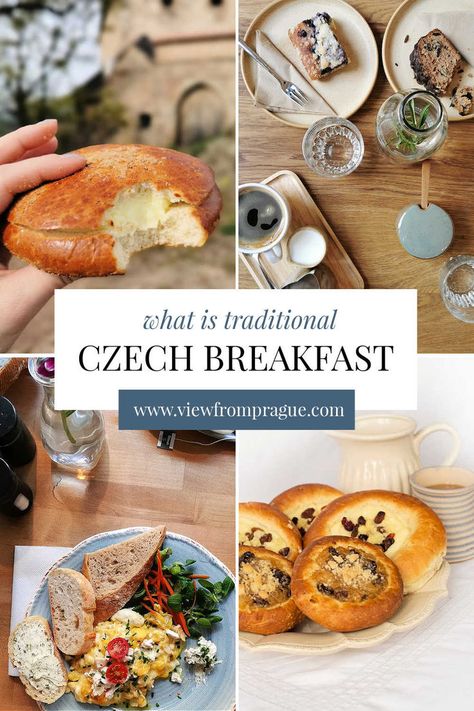 Traditional Czech breakfast includes scrambled or boiled eggs with sausage, rye or sourdough bread, pancakes with plum jam and various pastries. The good thing is that now when you visit Prague, there is such a good choice of different breakfast foods, that no matter what you like you should be able to find the perfect breakfast for you! Eggs With Sausage, Bread Pancakes, Visit Prague, Traditional Breakfast, Plum Jam, Fruit Compote, Sweet Dough, Morning Snack, Cheese Curds