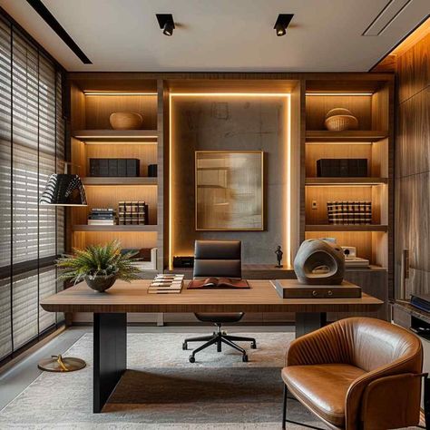 38 Home Office Spaces Exploring the Bold Blend of Japandi and Brazilian Modernismo (Concept Interiors) Gensler Office Design Interiors, Office Shelves Behind Desk, Bali Inspired Office, Mens Office Interior Design, Directors Office Design, Office House Ideas, Office Paint Design Ideas, Light Blue Linen Blazer Outfit Women, Multi Desk Office Layout