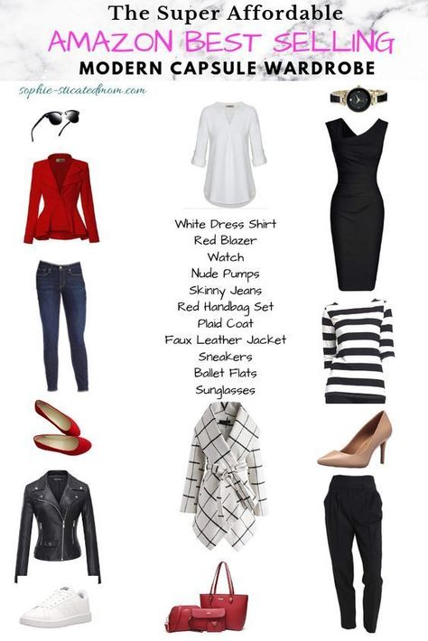 The Most Chic, Modern, & Affordable Capsule Wardrobe For Women - Sophie-sticatedmom How to be build a year round Capsule wardrobe professional, work, casual, college, and mom friendly. Great for mimilist wardrobe, minimal chic and fashion. Real Estate Wardrobe For Women, Capsule Wardrobe Amazon, Amazon Capsule Wardrobe, Year Round Capsule Wardrobe, Capsule Wardrobe How To Build A, Wardrobe For Women, Style Hacks, Minimal Wardrobe, Capsule Wardrobe Work