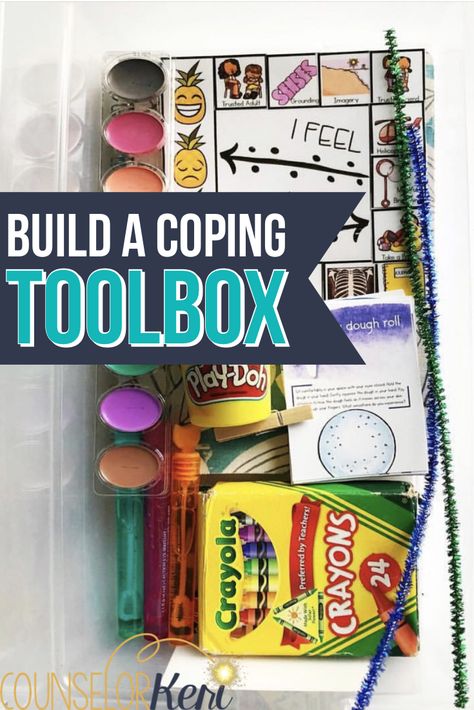 Build a coping toolbox to help your students use coping skills during the summer or when they're on their own at home! Grab some art activities, journals, calming strategy cards, and more to build a coping skills kit with your students in school counseling. Coping Toolbox Ideas, Coping Skills List, Toolbox Ideas, Coping Toolbox, Mind Relaxing, Coping Skills Activities, Social Skills Lessons, Calming Strategies, Social Skills Groups