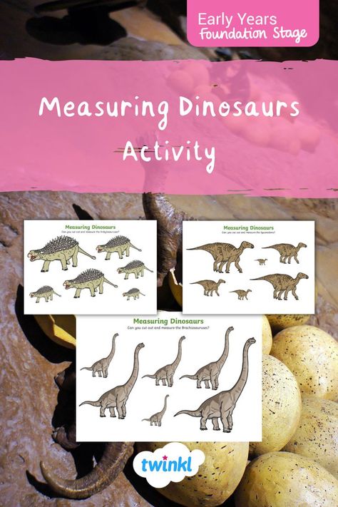 Use these lovely dinosaur-themed worksheets to encourage children to measure accurately. Containing a number of differently sized dinosaurs on each page, children have to use their measuring apparatus to accurately measure their size in either standard or non-standard units. A great independent maths activity during a dinosaurs topic. Dinosaurs Eyfs, Measuring Activities, Non Standard Measurement, Maths Activity, Dinosaur Activities Preschool, Measurement Activities, Dinosaur Activities, Tuff Tray, Dinosaur Crafts