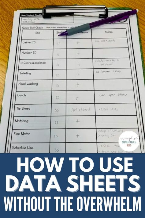 Collecting data as a special education teacher is something we do every single day. It informs our IEPs, helps us determine what lessons to present, and allows us to shape students’ behavior. Tracking data doesn’t have to be overwhelming! Today I am sharing my simple data sheets and how to use them in your special ed classroom. I share how I organize my data sheets, how I use IEP goal data sheets, and how to customize data sheets to fit your student needs. Special Ed Data Collection, Data Sheets For Special Education, Iep Data Collection Sheets Free, Special Ed Classroom, Ed Classroom, Special Education Behavior, Student Data Tracking, Teacher Data, Sensory Classroom