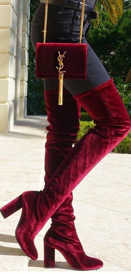 velvet boots Red Velvet Boots Outfit, Red Boots Aesthetic, Luxury Red Elegant Heeled Boots, Velvet Boots Outfit, Thigh High Boots Velvet, Luxury Red Boots With Reinforced Heel, Red Velvet Thigh High Boots, Red Velvet Boots, Velvet Thigh High Boots