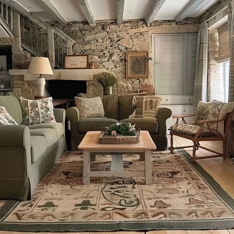 🌿 Embark on a Cozy Journey: A Living Room Tale 🛋️✨  Swipe left and step into the enchanting world of rustic serenity! Immerse yourself in the embrace of cottage core vibes, where green and beige hues dance with the timeless elegance of stone walls. 🏡💚✨  Explore the artful interplay of fabric, rustic charm, and the warm allure of light and dark brown tones.  Ready to infuse your space with the romance of country living? Dive in and let the journey begin! 🌾 Created using Ai #CottageCoreLi... Brown And Cream Living Room, Cottage Core Vibes, Cream Living Rooms, Cottage Living Rooms, Stone Walls, Stone Cottage, The Embrace, Cottage Living, Space Decor