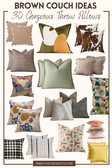 brown couch pillow ideas Brown Couch Pillow Ideas, Living Room With Brown Couch, Brown Couch Ideas, Brown Couch Pillows, Throw Pillow Ideas, Brown Couch Decor, Dark Brown Couch, Brown Couch Living Room, Couch Ideas