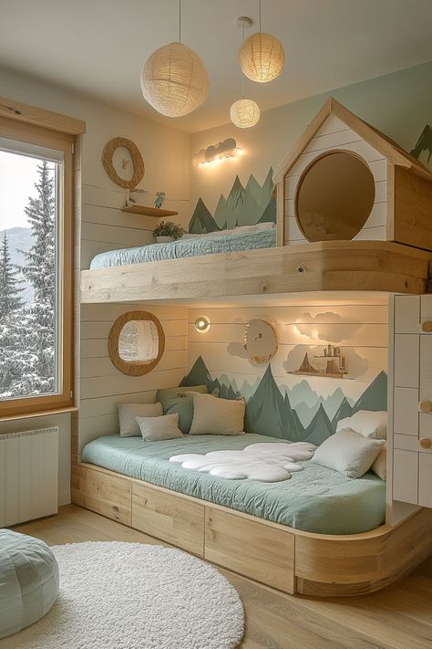 Shared kids' room layout with a cohesive, thematic design that integrates adventure or nature-inspired elements, like bunk beds shaped like mountains and animal-themed wall decals, to craft an engaging, imaginative space. Built In Bunkbeds Kids, Kids Room Two Full Beds, Bunk Bed Corner Ideas, Guest Bedroom With Bunk Beds, Kids Room Design Boy And Girl, Four Kids One Room, Crib And Bed In One Room, Kid Bunk Bed Ideas, Kid Shared Bedroom