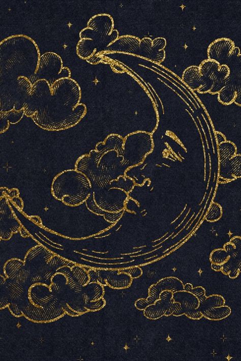 A mystical crescent moon, gliding silently past an enchanting night sky moon. magical. crescent. moons. vintage. magic. distressed. retro. old. antique. paper. face clouds classic classical witch style wizardy lunar lover luna lune space nasa universe galaxy black new cute whimsical starry exploration astronaut celestial Sun And Moon Wallpaper, Moon Cartoon, Moon Wallpaper, Vintage Moon, Moon Drawing, Sky Moon, Moon Illustration, Moon Painting, Celestial Art