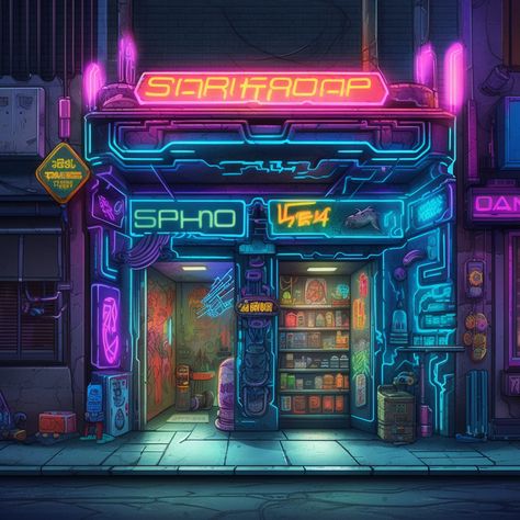 Cyberpunk Store, Cyberpunk Building, Cyberpunk Street, Anime Realistic, Realistic Photos, Cyberpunk City, Background Drawing, Cyberpunk Style, Cyberpunk Art