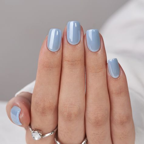 Short Round Pastel Nails, Dusty Blue Chrome Nails, Short Light Blue Nails, Soft Blue Nails, Dusty Blue Nails, Ongles Baby Blue, Simply Nailogical, Blue Wedding Nails, Pastel Blue Nails