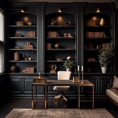 Masculine Library Office, Built In Modern Bookshelves, Library Office Paint Colors, Dark Green Moody Library, Study With Dark Walls, Home Office Bookcase Ideas, Moody Living Room Built Ins, Speakeasy Office Design, Moody Modern Basement