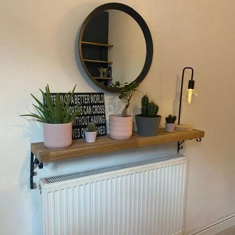 Entrance Hall Decor, Radiator Shelf, Narrow Hallway Decorating, Hallway Designs, Hall Decor, Home Entrance Decor, Hallway Ideas, Basement Ideas, Hallway Decorating