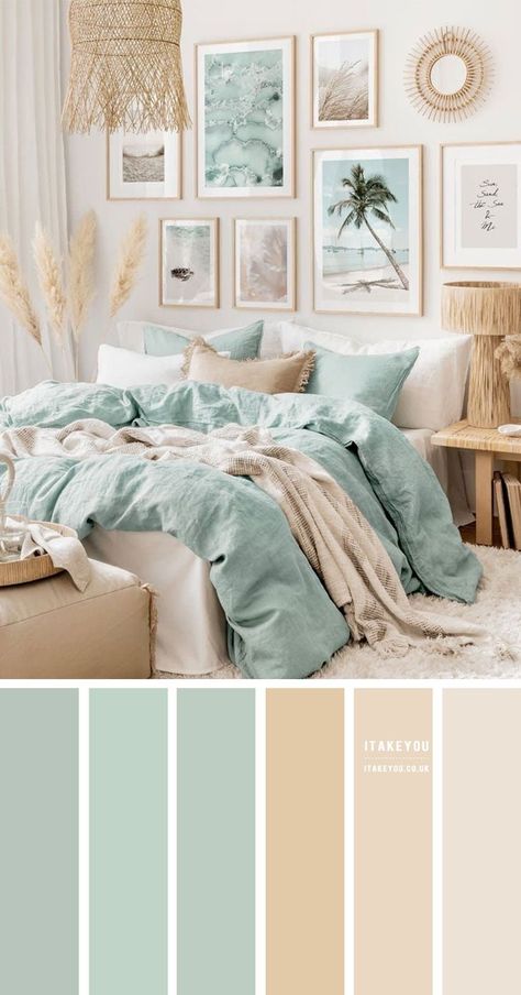 Olive And Pink Living Room, Pink And Green Coastal Bedroom, La Bedroom, Cream Bedroom, Beach Room Decor, Bedroom Dark, Cottage Coastal, Bedroom Pink, Beachy Room