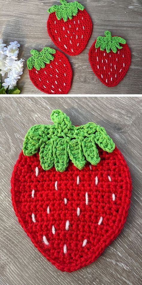 If you're looking for a nice handmade accessory for your kitchen, learn how to crochet a coaster. This one has a cute strawberry design to remind you of hot summer days when it gets cold on the road. The project is easy to make and fun, especially if you're tired of the typical pieces. Feel free to download the step-by-step crochet pattern. #freecrochetpattern #crochetcoaster #crochetforhome Potholders Crochet, Crochet Cup Coaster, Diy Coaster, Coaster Projects, Diy Floral Decor, Crochet Embellishments, Coaster Pattern, Strawberry Design, Crochet Strawberry