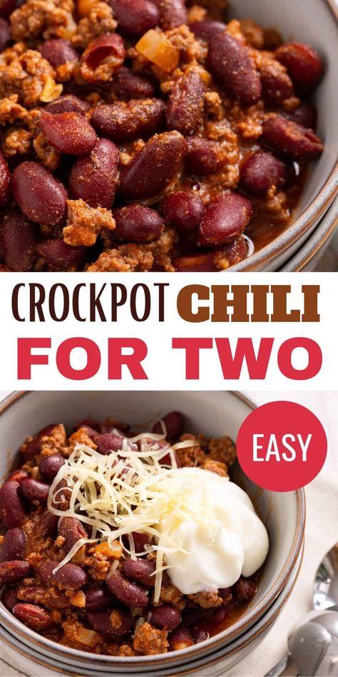 When craving something hearty, this crock pot chili for two is the perfect dish. It can be left to cook all day until it is time to eat. Chilli For Two, Easy Chili For Two, Crockpot For One, 2 Quart Crockpot Recipes, Small Batch Chili Crock Pot, Small Crockpot Meals, 4 Qt Crockpot Recipes, Crockpot Recipes 2 Quart Crock Pot, Mini Crockpot Meals