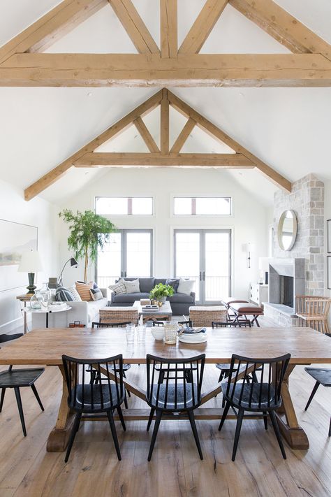 Red Ledges Project: Part One - Studio McGee Formal Dining Room Sets, Exposed Beams, Exposed Wood, Farmhouse Dining Room, Hem Design, Mountain Home, Wood Beams, Farmhouse Dining, Open Kitchen