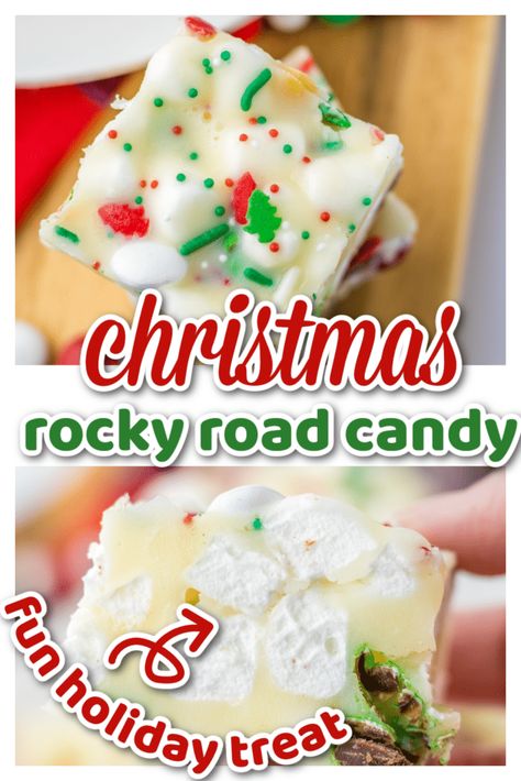 christmas candy, easy christmas candy, easy christmas dessert, no bake christmas desserts, rocky road bars, rocky road candy Christmas Bark With Marshmallows, Microwave Christmas Candy, White Rocky Road Recipe, No Bake Christmas Treats Holiday Gifts, White Chocolate Marshmallow Candy, Christmas Rocky Road White Chocolate, Christmas Bark Candy, Christmas Rocky Road Recipe, Marshmallow Christmas Treats