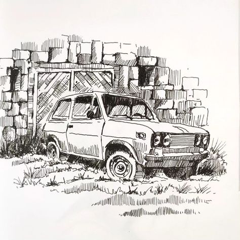 Sketch • Instagram Old Car Sketch, Simple Car Drawing, Sketch Instagram, Christmas Sketch, Observational Drawing, Sketch A Day, Car Sketch, Old Car, A Pen